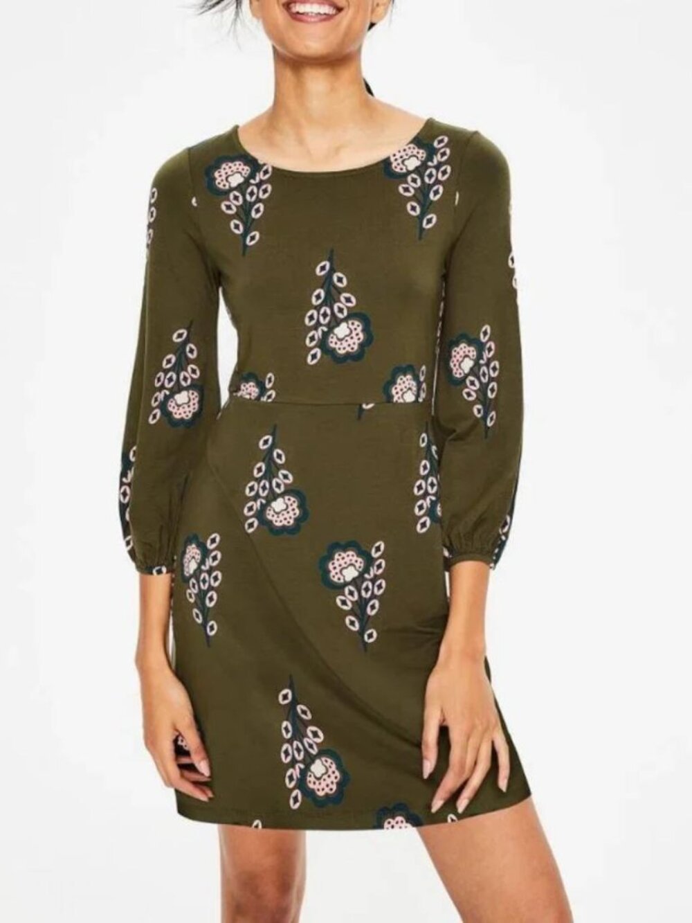 Boden Lucie stretch jersey tunic mini dress green pink Scandi floral boho US 10R